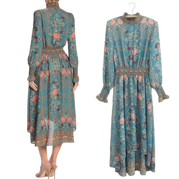 Nanette Lepore Dresses & Skirts - Nanette Lepore Midi Size 8 Teal Floral Print Ruffled Neck